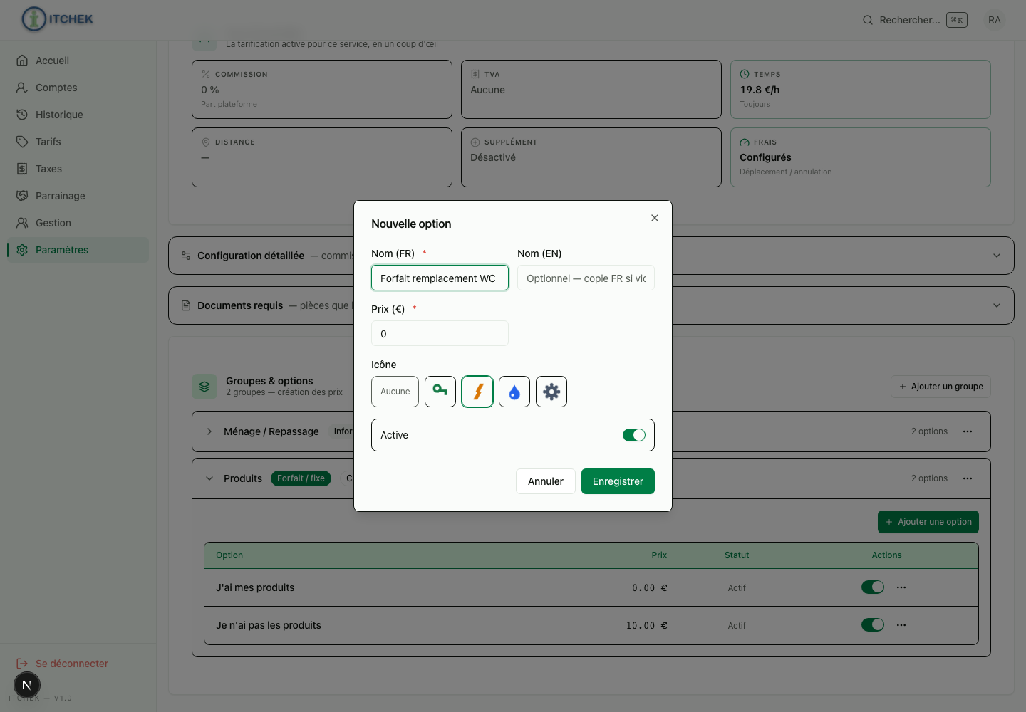 Le picker d'icônes dans le dialogue d'option du panel admin